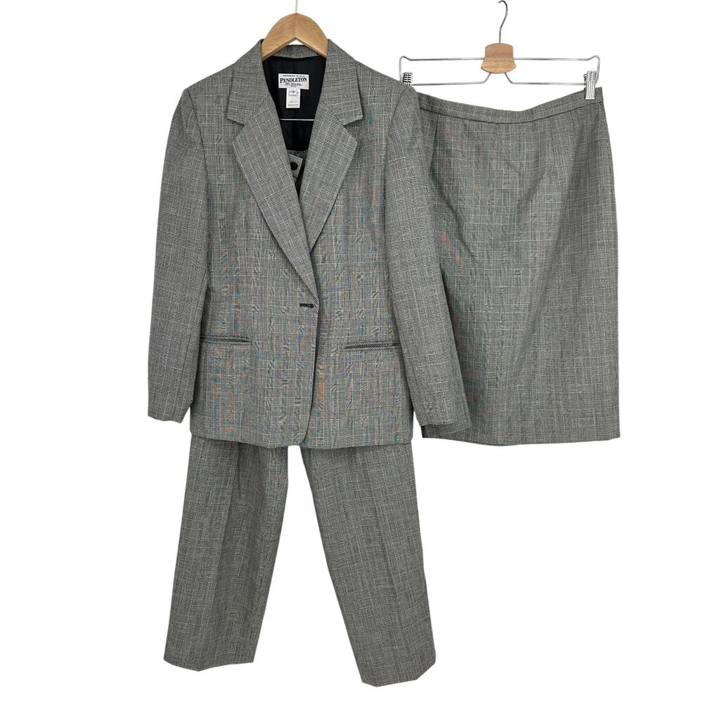 Vintage Pendleton 3 piece Suit Size 14 Wool Gray Plaid Blazer Pants Skirt Preppy